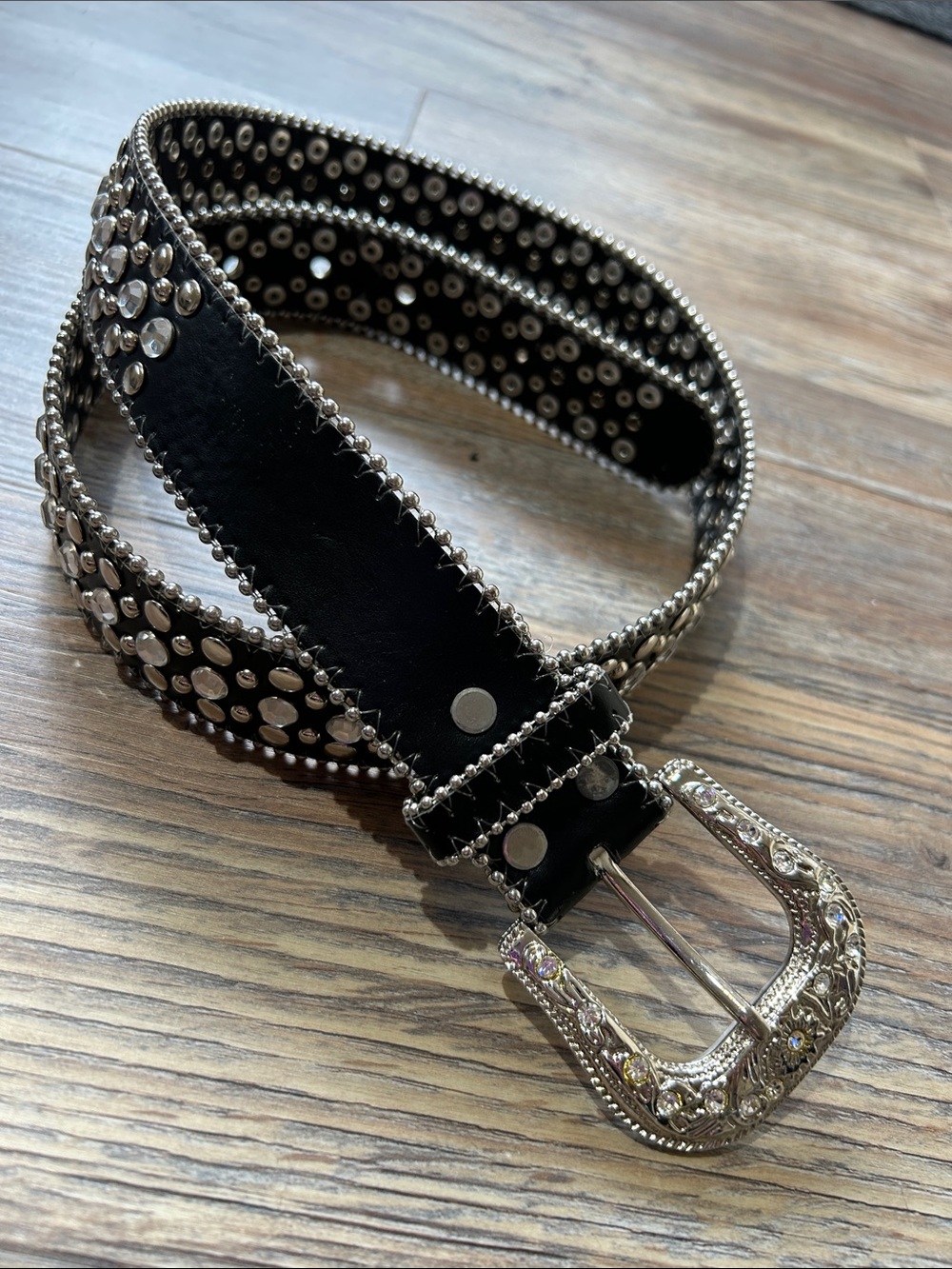 Studded Rhinestone Western Belt, Decorative Buckle, Black, 34”